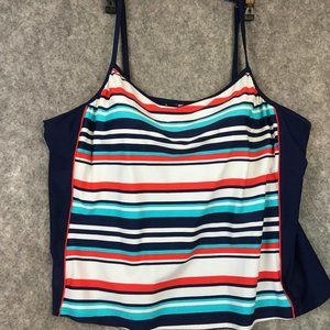 Athletech Tankini Top 26 Red White Blue Striped Square Neck Colorblock Slimming